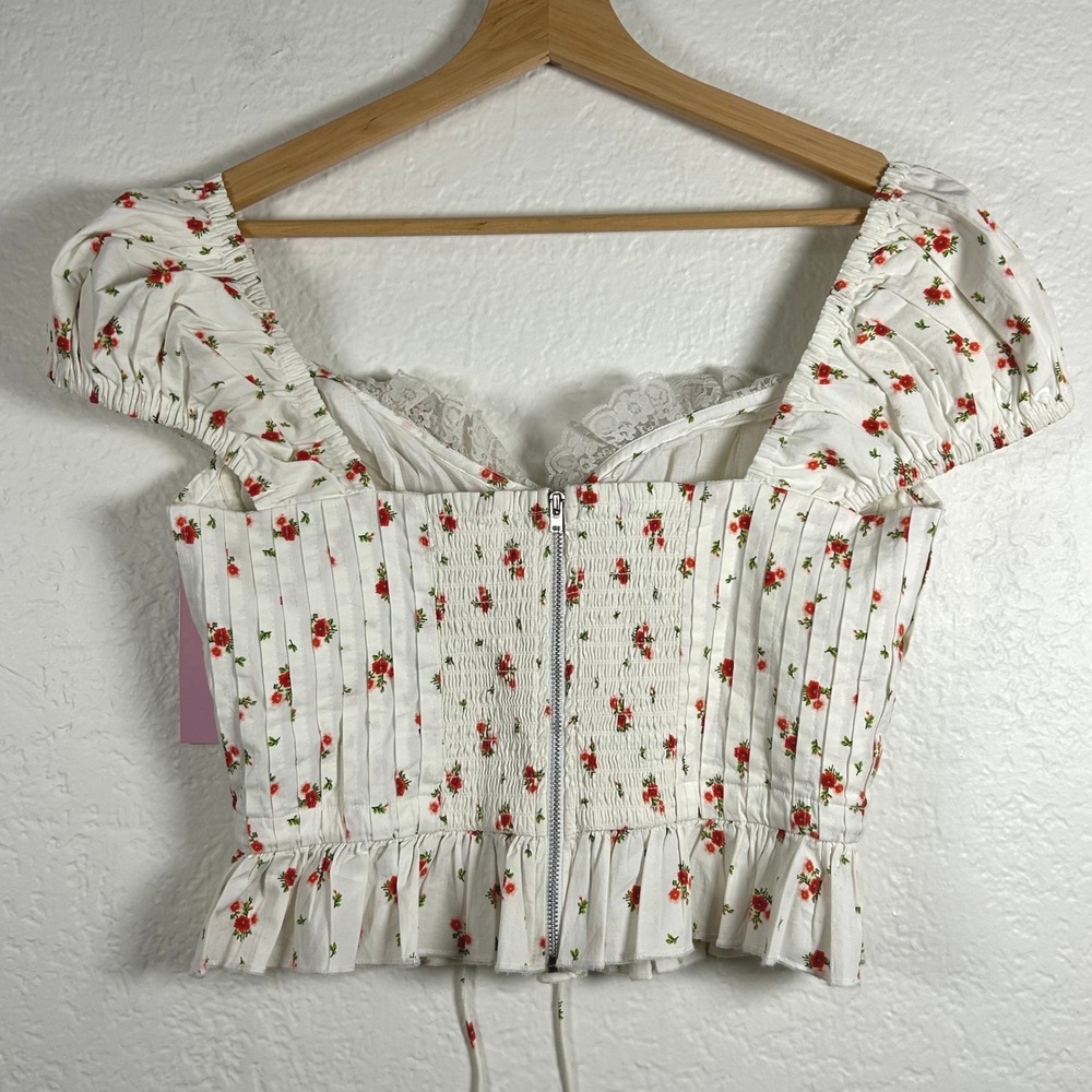 Avec Les Filles White Floral Corset Top W/Red Rose Print- NWT- See Description - Picture 2 of 6